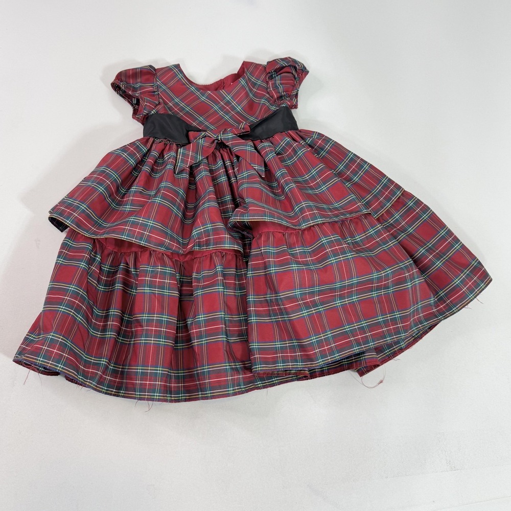 Cherokee Dress Girl 2T Red Plaid  Holiday Party Puff Sleeve Bow Tiered Christmas